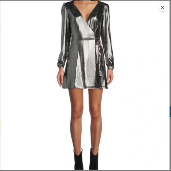 Gianni Bini Metallic Silver wrap around dress short mini v neck size medium - Picture 1 of 8